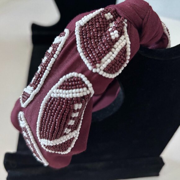 Beaded Football Headband | Game Day Maroon & White Accessory - Picture 1 of 3